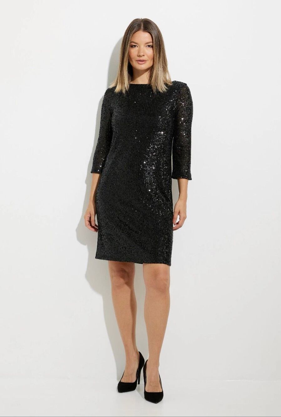 Joseph Ribkoff Black Sequin Shift Dress Size 14 3/4 Sleeve Evening Cocktail 2243